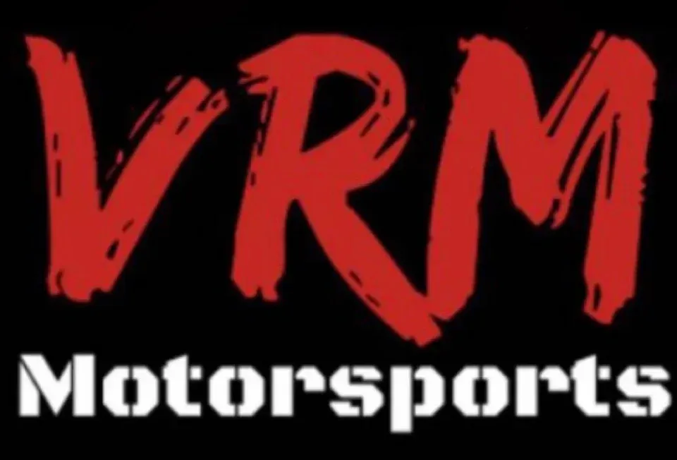 VRM Motorsports logo in red and white on a black background
