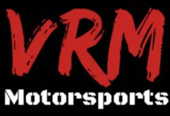 VRM Motorsports logo in red and white on a black background