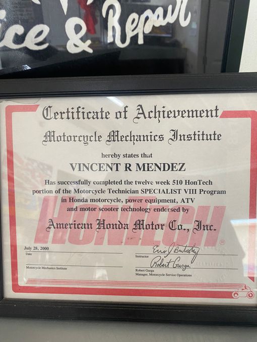 Framed certificate of achievement from Motorcycle Mechanics Institute for Vincent J. Shukla.